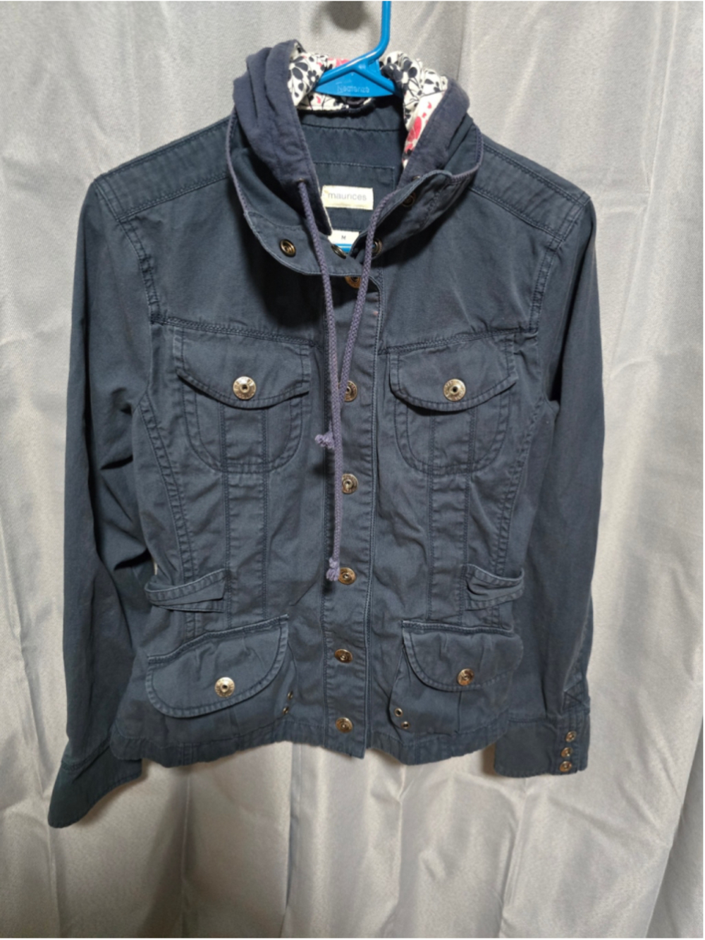 Women's Maurices Utility Jacket Size M Blue Floral Lined Hooded